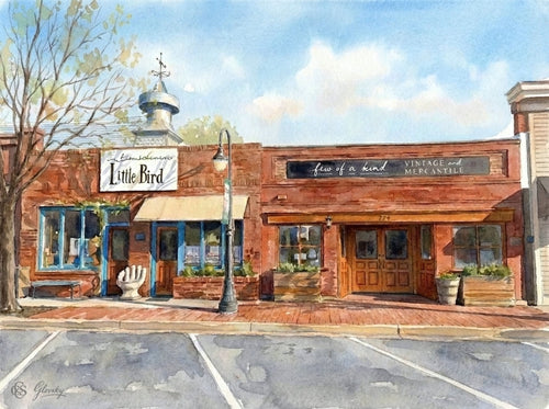 A Renoir-style watercolor of Little Bird and Few of a Kind in Niwot, featuring sun-baked red brick, whimsical blue trim, and a playful white hand chair.