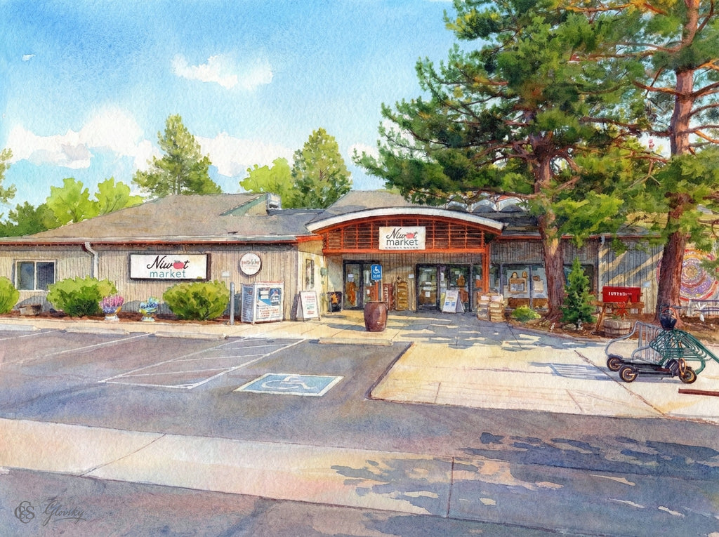 Renoir-style watercolor of Niwot Market with softened rooflines, a warm amber interior glow, and trees dappled in gold and rose.