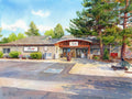 Renoir-style watercolor of Niwot Market with softened rooflines, a warm amber interior glow, and trees dappled in gold and rose.