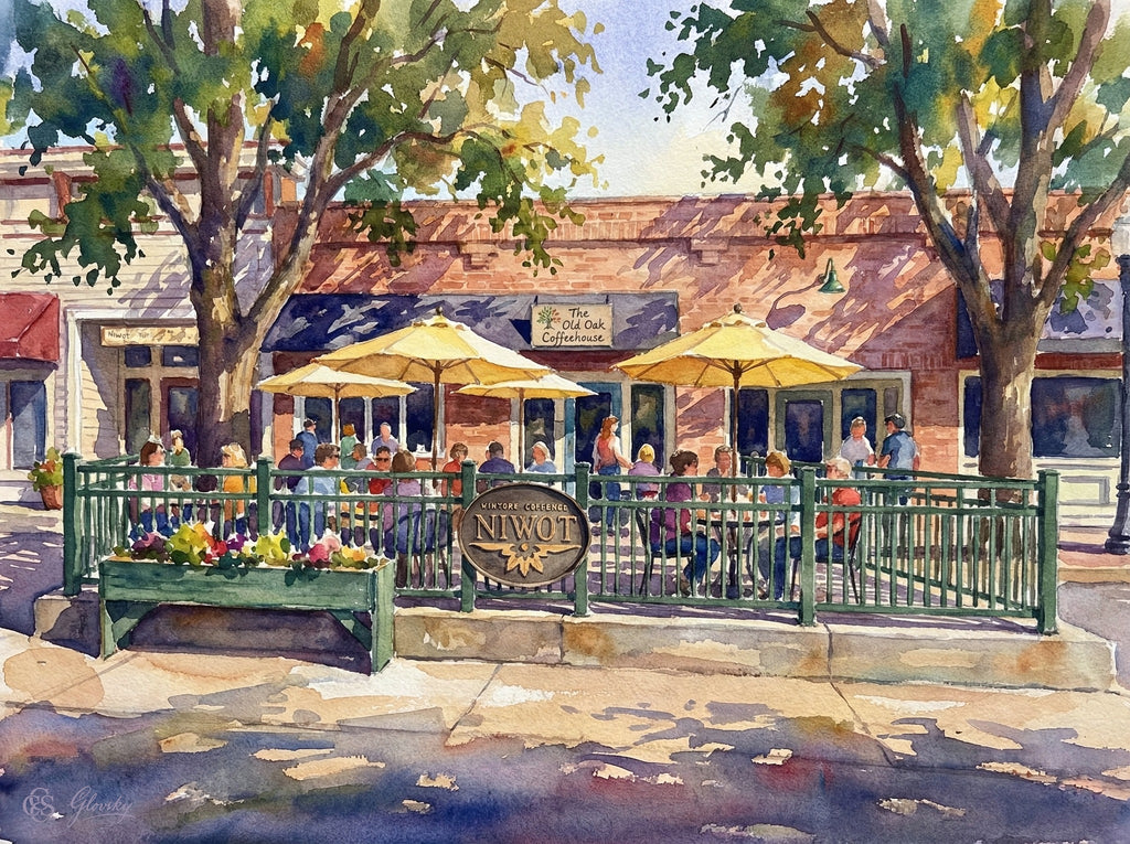 Vibrant Renoir-style watercolor of The Old Oak Coffeehouse patio, featuring yellow umbrellas as basins of sunshine and dappled light.