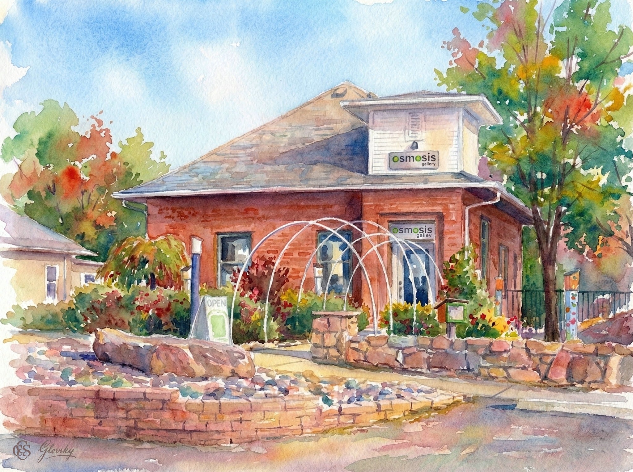 Vibrant Renoir-style watercolor of Osmosis Gallery in Niwot, featuring sun-baked brick and white pipe arches as ribbons of light.