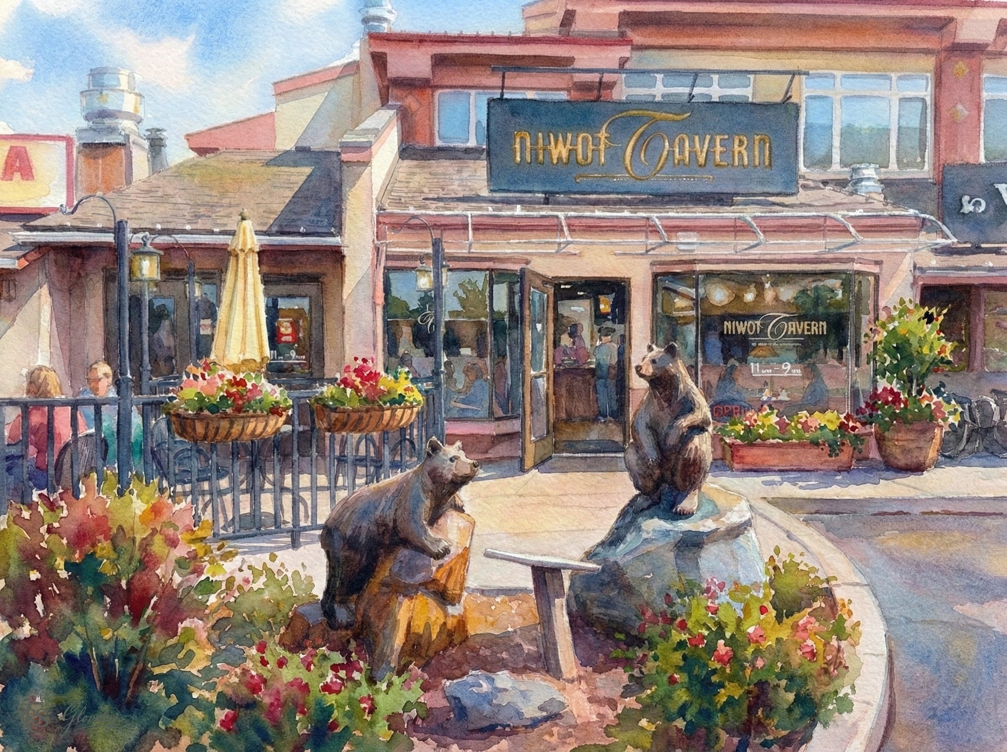 Impressionist watercolor of the Niwot Tavern featuring the iconic bear statues rendered with soft, visible brushstrokes in the style of Renoir.