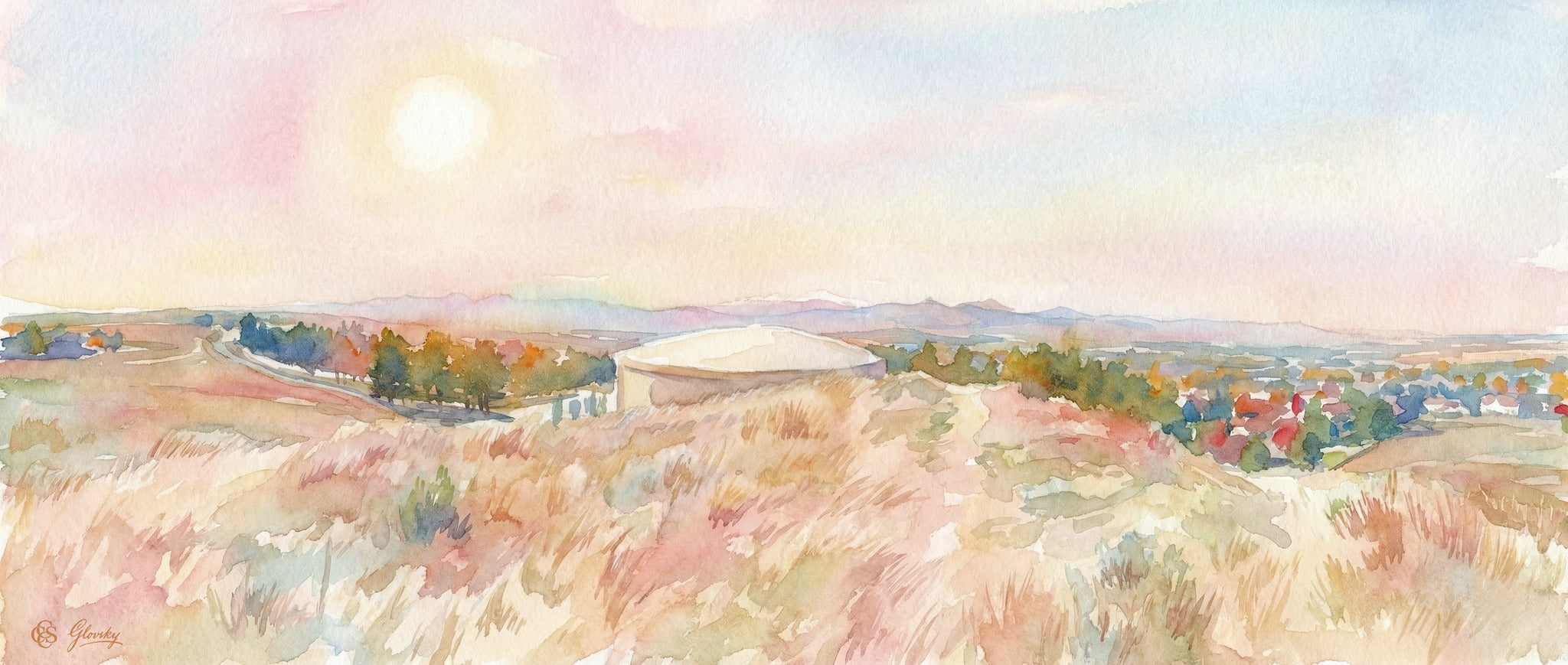 Luminous Renoir-style watercolor of the Niwot hills in October, featuring golden autumn grasses and a soft, atmospheric sky.