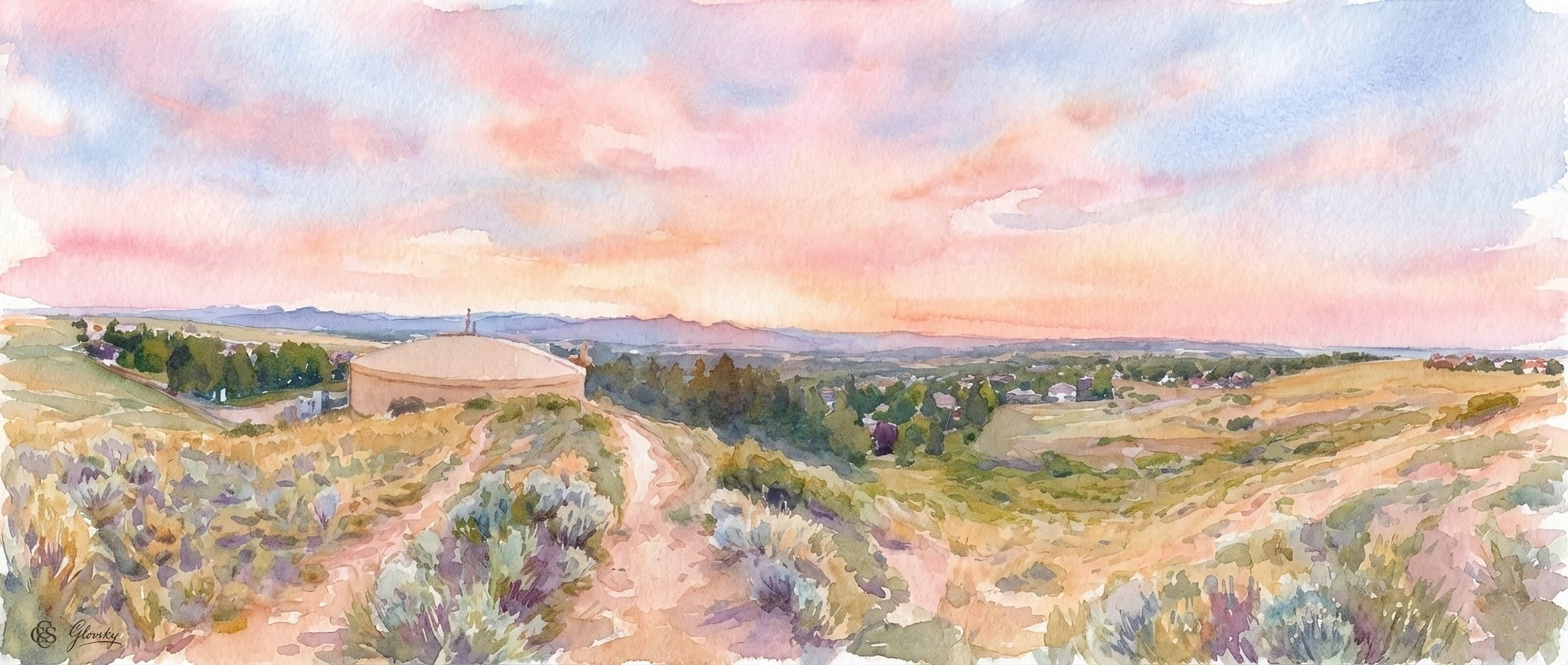 A dreamy Impressionist watercolor of the Niwot water tower and foothills at sunset, featuring Renoir's soft brushwork and a warm palette of rose and gold.