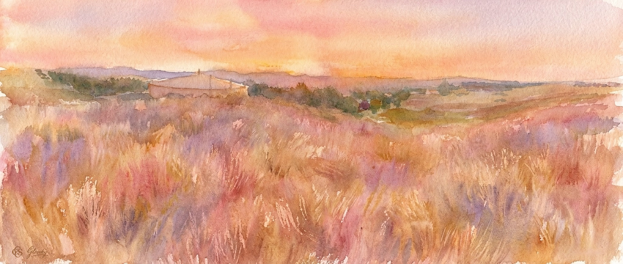 Atmospheric Renoir watercolor of Niwot at twilight, blending deep violets and soft roses in a shimmering, vibrant mist.