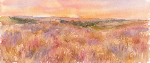 Atmospheric Renoir watercolor of Niwot at twilight, blending deep violets and soft roses in a shimmering, vibrant mist.