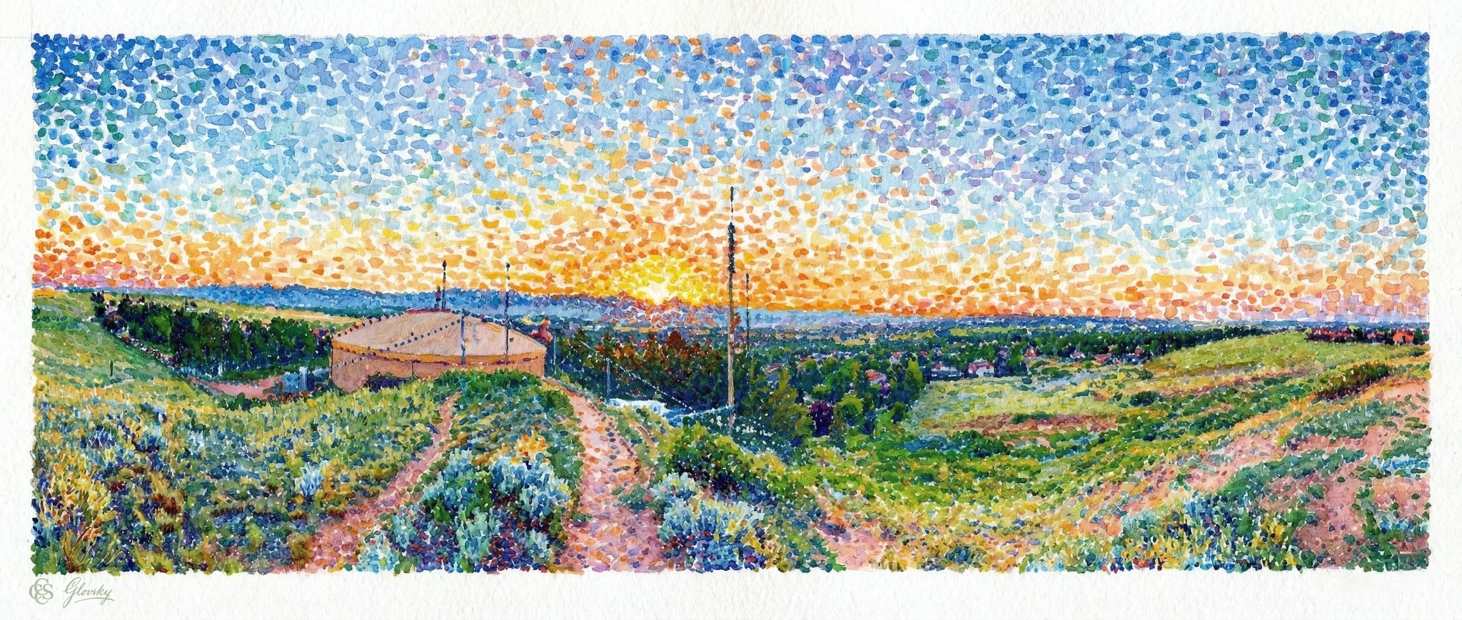 Shimmering Pointillist watercolor of Niwot at sunset, featuring distinct dots of cadmium orange and cobalt blue in a mosaic style.