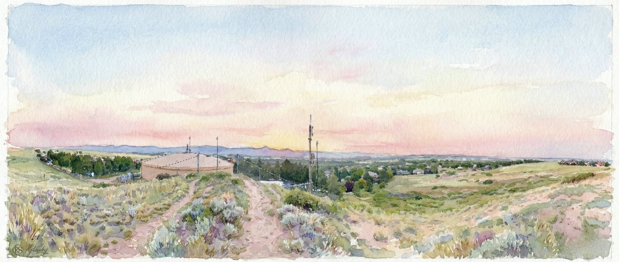 Tranquil Sisley-style landscape watercolor of Niwot with a vast, delicate sunset sky and a quiet atmospheric envelope.
