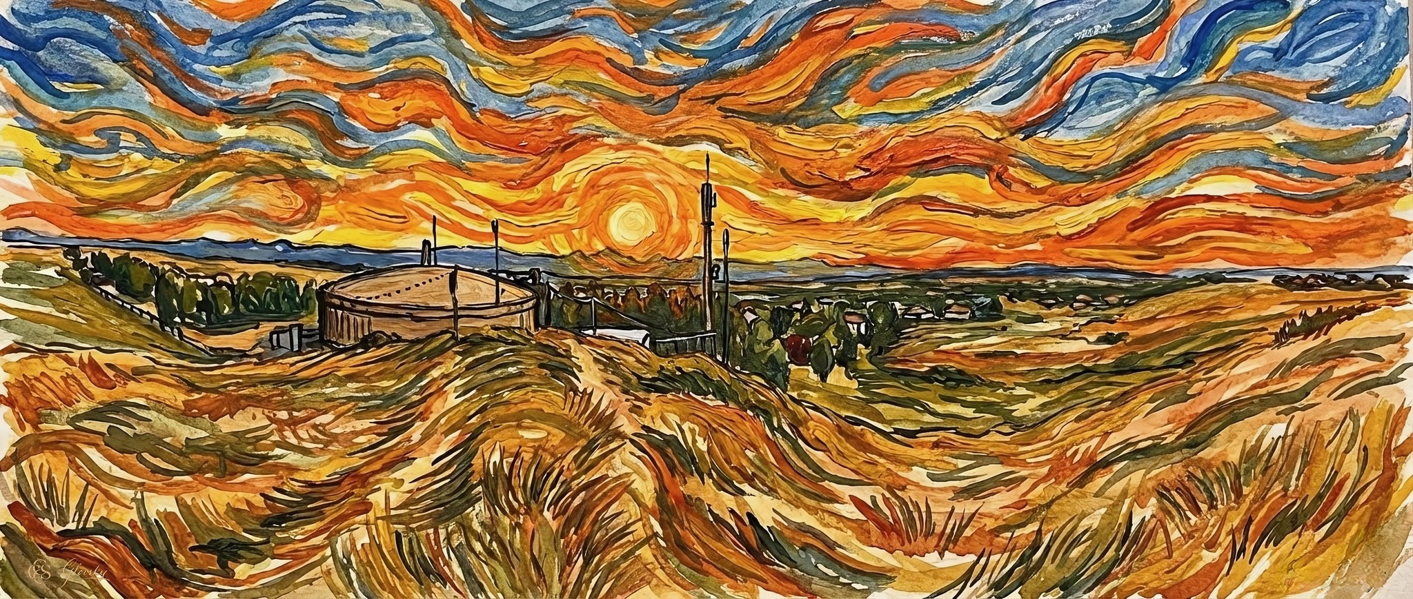 Expressive Van Gogh-style watercolor of Niwot Ridge at sunset, featuring swirling brushwork in vibrant chrome yellow and deep violet.