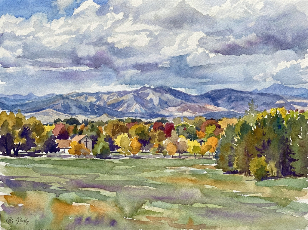 A masterful Sargent-style watercolor of the Niwot mountains featuring bold, fluid brushstrokes and luminous violet shadows.