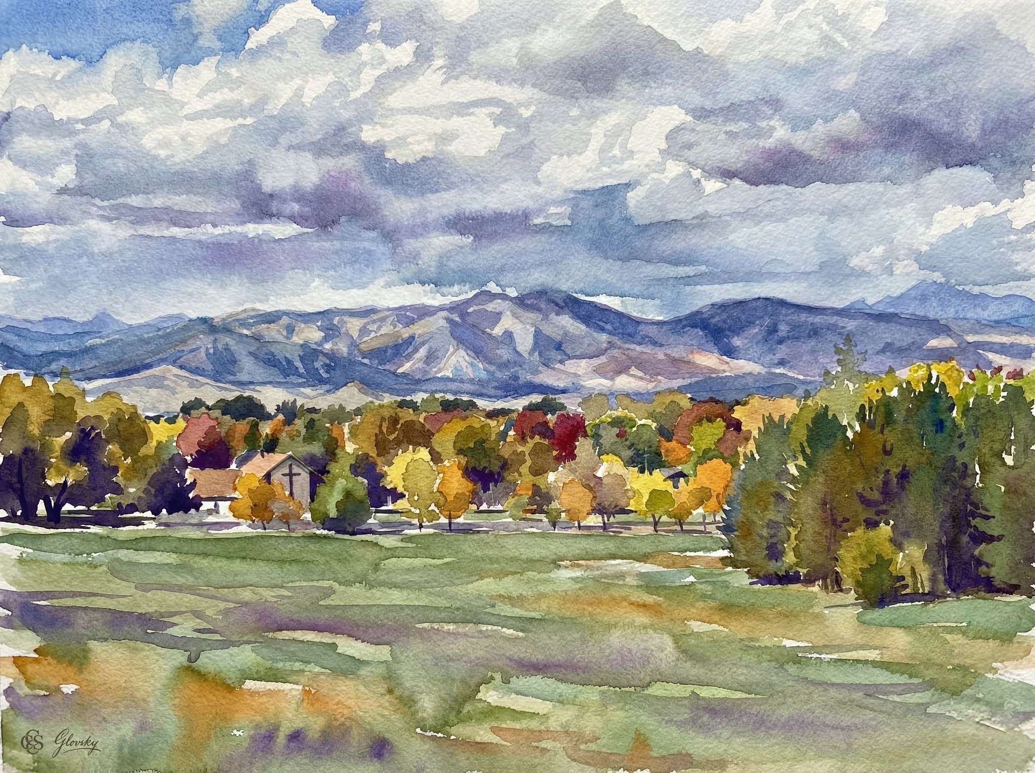 A masterful Sargent-style watercolor of the Niwot mountains featuring bold, fluid brushstrokes and luminous violet shadows.