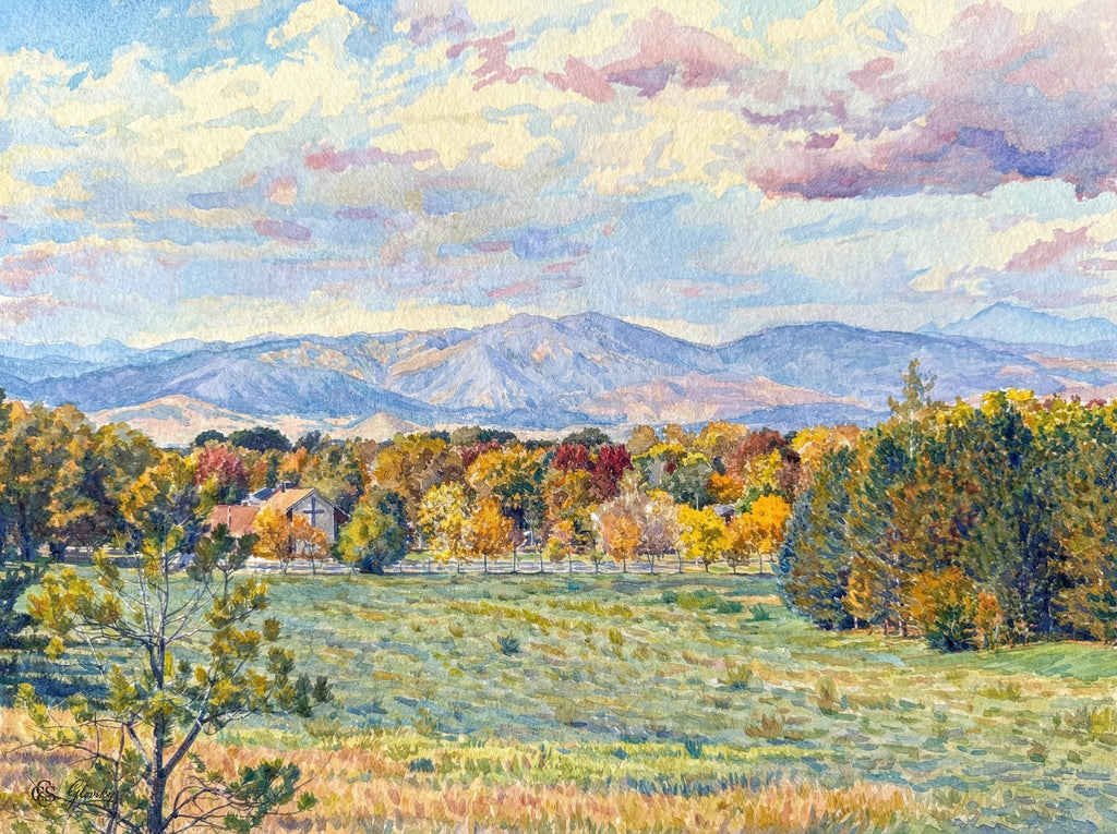 A vibrant Monet-inspired watercolor of Colorado mountains using short, broken brushstrokes and a palette of pale violets and golds.