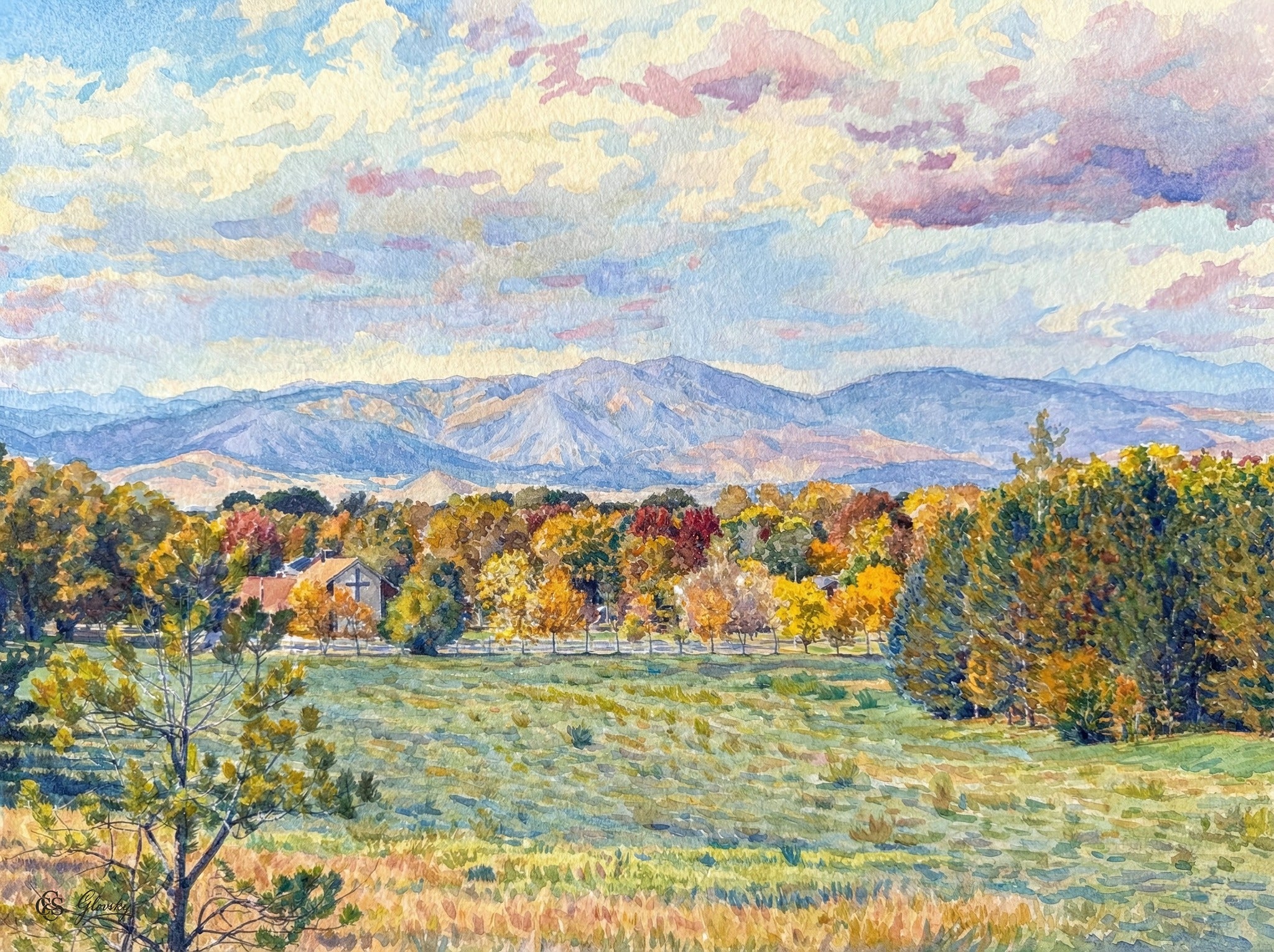 A vibrant Monet-inspired watercolor of Colorado mountains using short, broken brushstrokes and a palette of pale violets and golds.