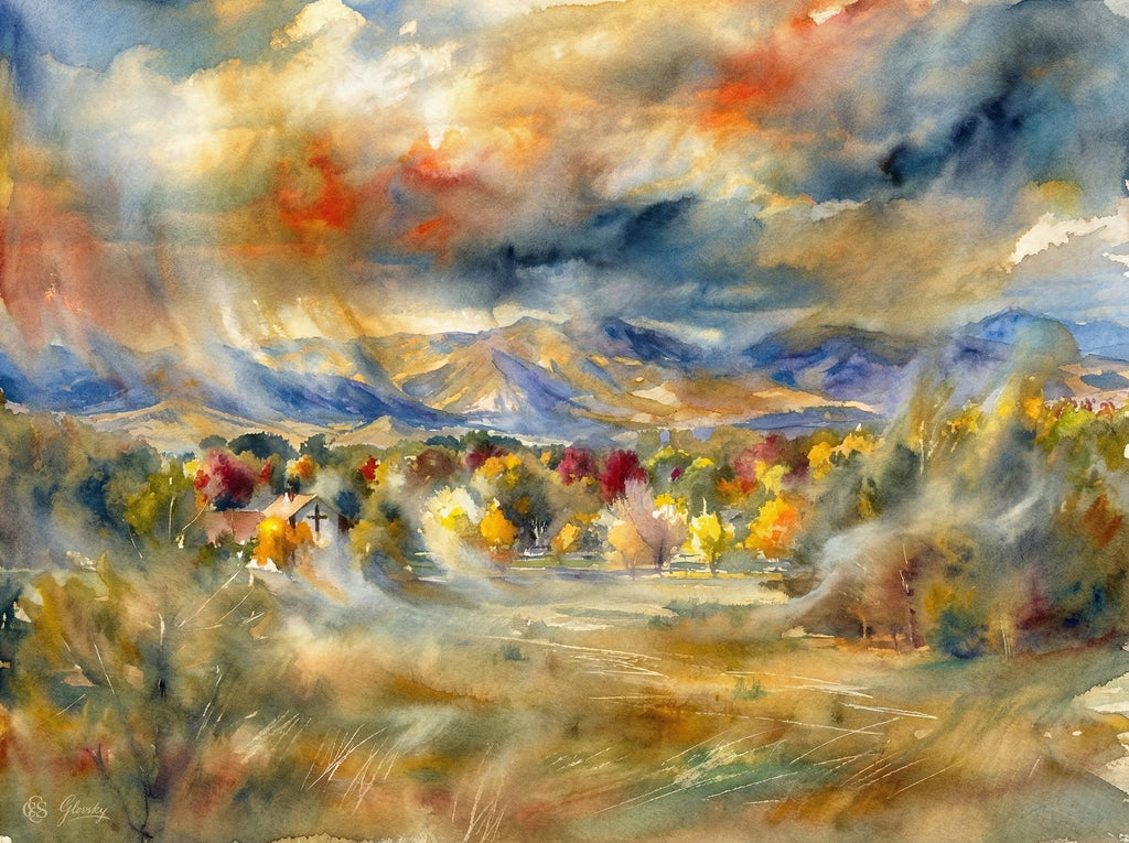 A dramatic Turner-style watercolor of the Waterford mountains with swirling golden mists and atmospheric Indigo storm clouds.