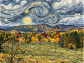 A high-energy Van Gogh-style watercolor of Niwot with rhythmic, swirling brushwork and bold cobalt and yellow colors.