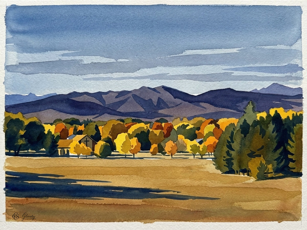 A structured Cézanne-style watercolor of Niwot featuring patches of warm ochre and cool violet to define mountain volumes.