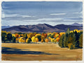 A structured Cézanne-style watercolor of Niwot featuring patches of warm ochre and cool violet to define mountain volumes.