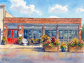 Atmospheric Renoir-style watercolor of The Wheelhouse in Niwot, featuring a double red door focal point and shimmering window reflections.
