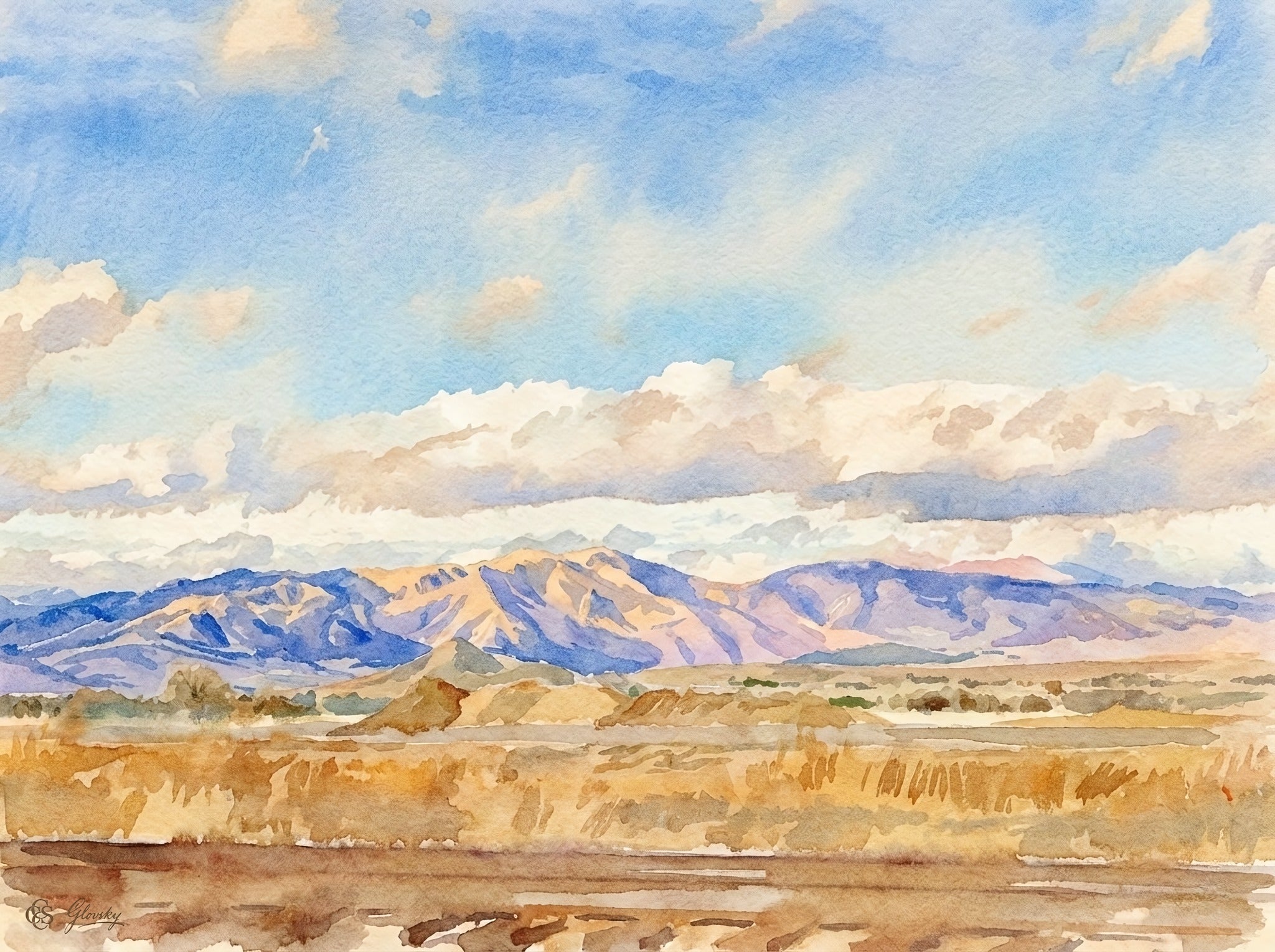 Warm winter landscape watercolor of the Niwot foothills and Whistlestop park in Renoir's feathery Impressionist style.