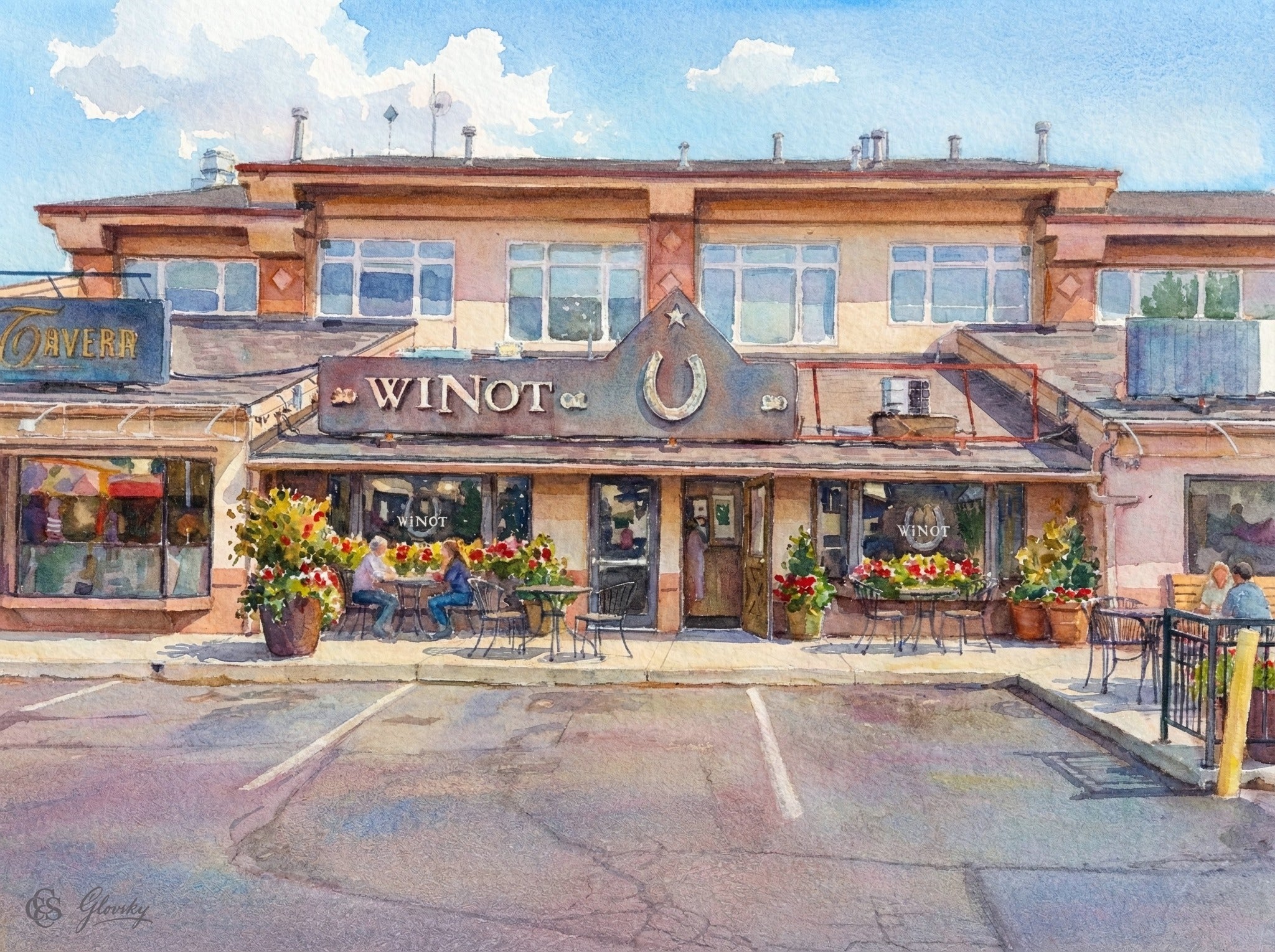 Dreamy Renoir-style watercolor of The Winot Cafe, featuring sun-drenched ochre washes, a vibrant awning, and a warm interior glow.