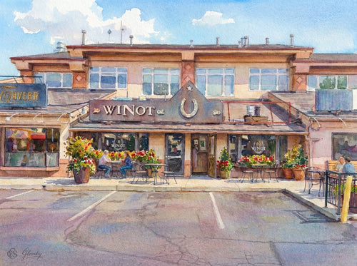 Dreamy Renoir-style watercolor of The Winot Cafe, featuring sun-drenched ochre washes, a vibrant awning, and a warm interior glow.