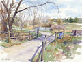 A Sargent-style watercolor of a Niwot trail featuring fluid green and blue washes, vibrant violet shadows, and high-contrast light on a winding path.